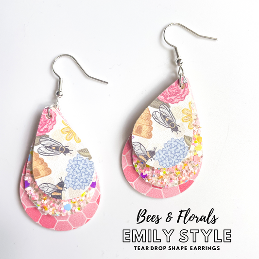 Bees and Florals Emily Style 3 Layer Dangle Earrings | Emily Style Dangle Earrings | Layered Teardrop Shape | Pink Honeycomb
