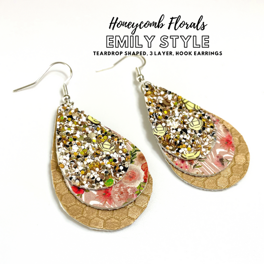 Honeycomb Florals Emily Style 3 Layer Dangle Earrings | Emily Style Dangle Earrings | Layered Teardrop Shape