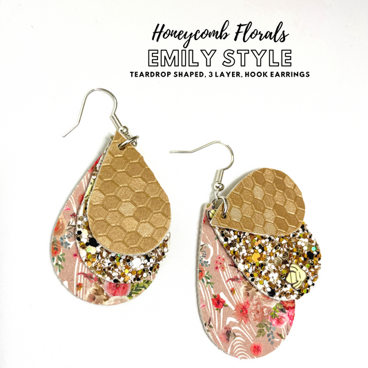 Honeycomb Florals Emily Style 3 Layer Dangle Earrings | Emily Style Dangle Earrings | Layered Teardrop Shape