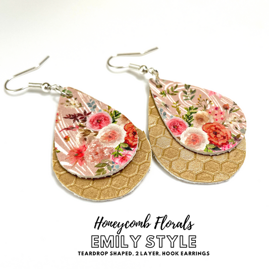 1.5 Inch Honeycomb Florals Emily Style 2 Layer Dangle Earrings | Emily Style Dangle Earrings | Layered Teardrop Shape