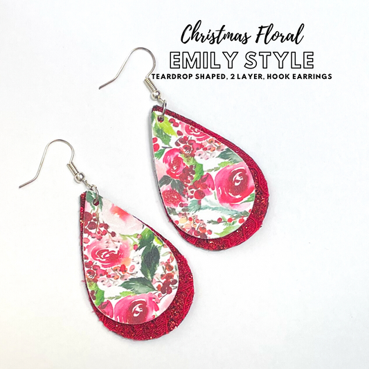 Christmas Florals Emily Style 2 Layer Dangle Earrings | Emily Style Dangle Earrings | Layered Teardrop Shape