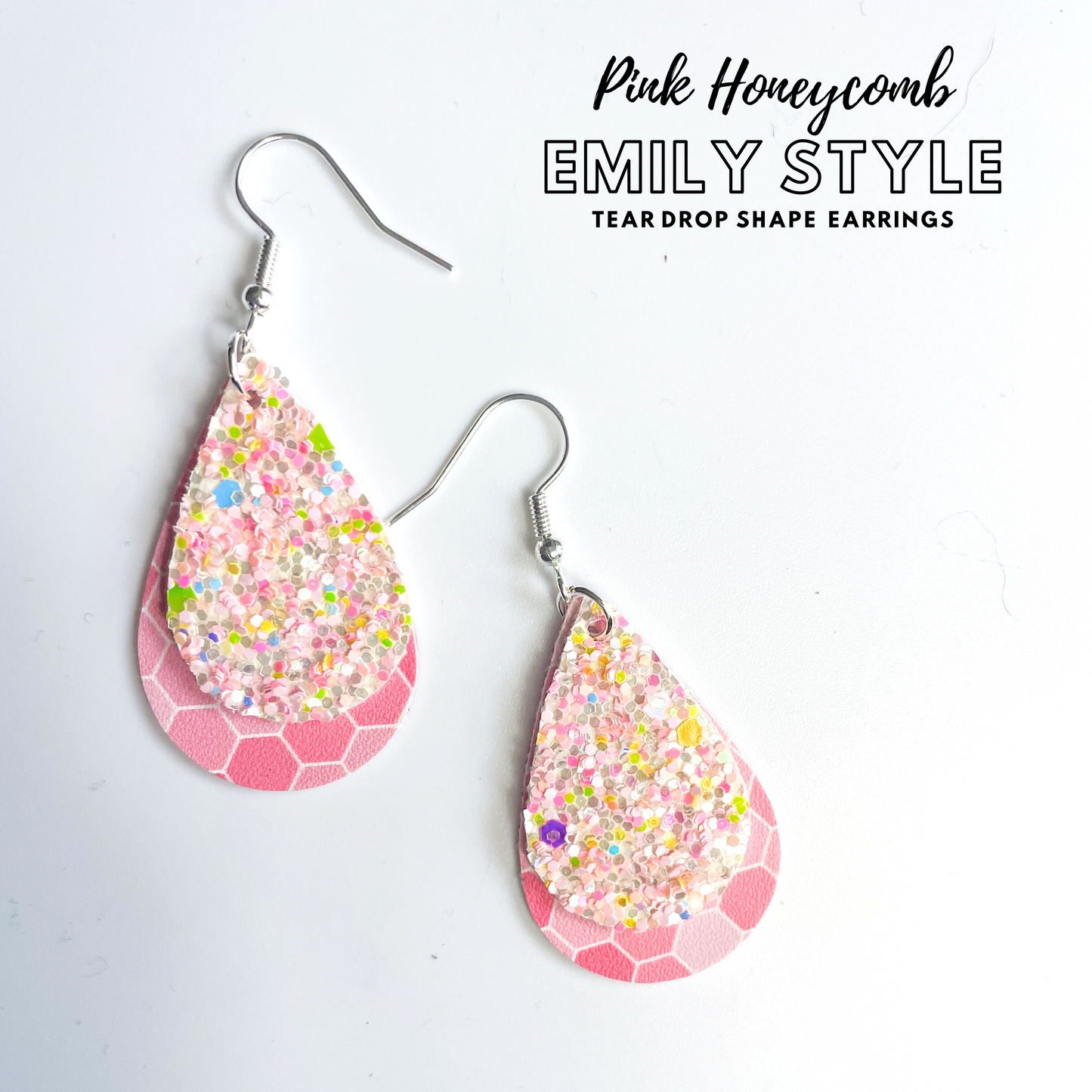 Pink Honeycomb Emily Style 2 Layer Dangle Earrings | Emily Style Dangle Earrings | Layered Teardrop Shape