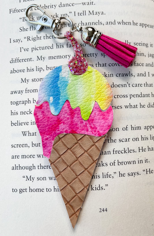 Ice Cream Cone Rainbow Sherbert Keychain | Glitter Canvas and Faux Leather Handmade Keychain | Backpack Lunchbox Keychains