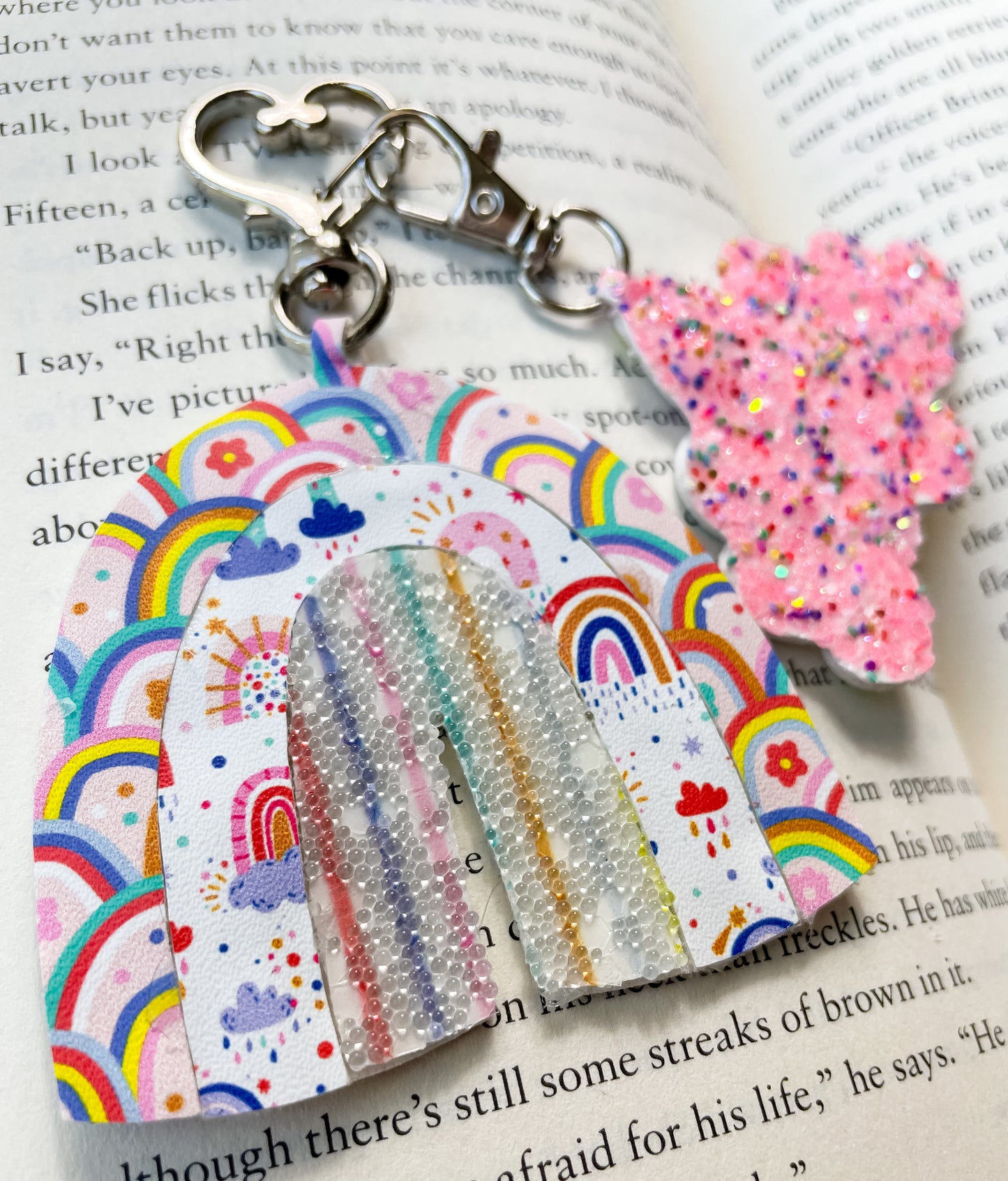 Rainbows and Rain  Rainbow Keychain | Glitter Canvas and Faux Leather Handmade Keychain | Backpack Lunchbox Keychains
