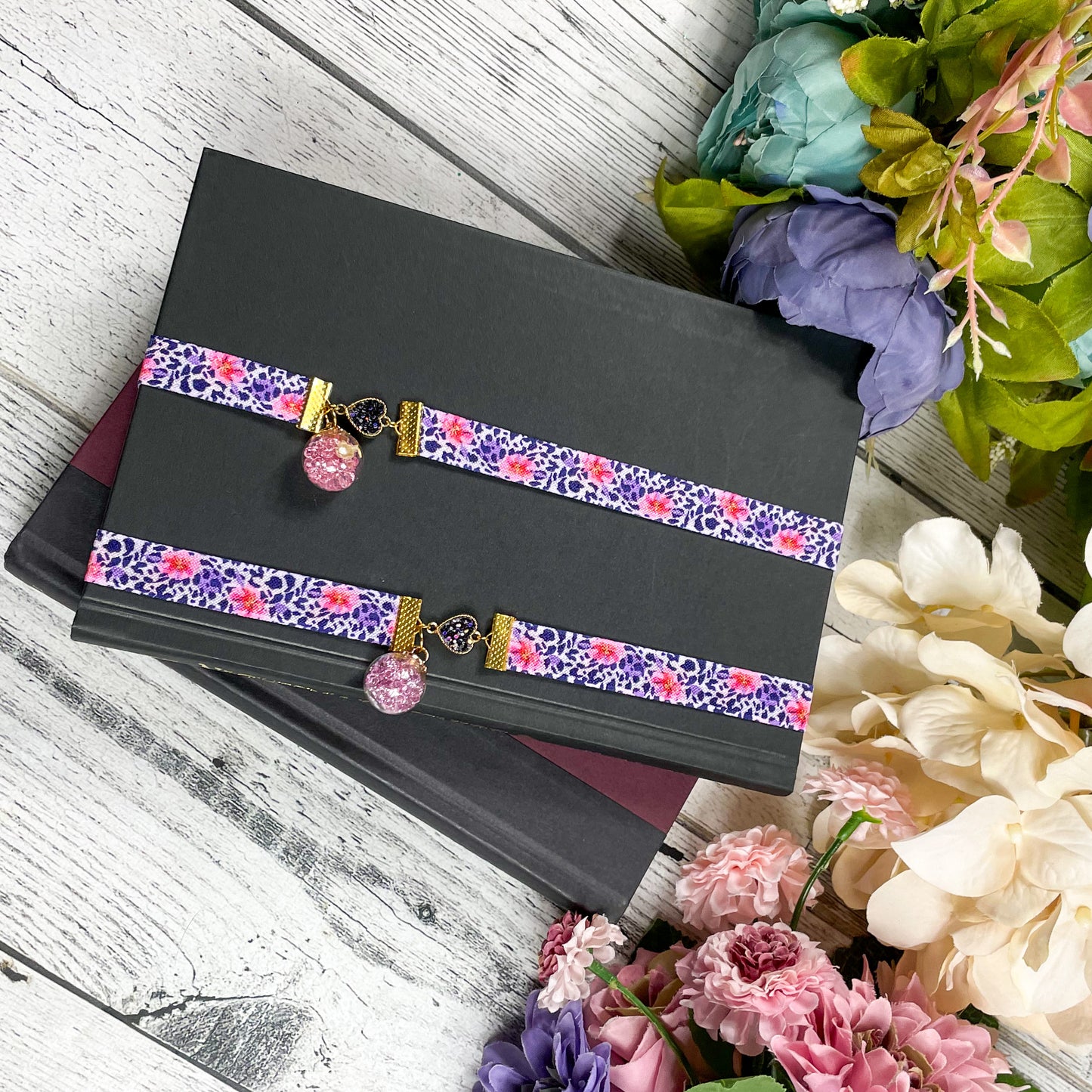 Purple Leopard Elastic Bookmarks with Jewel Flower Globe Charm