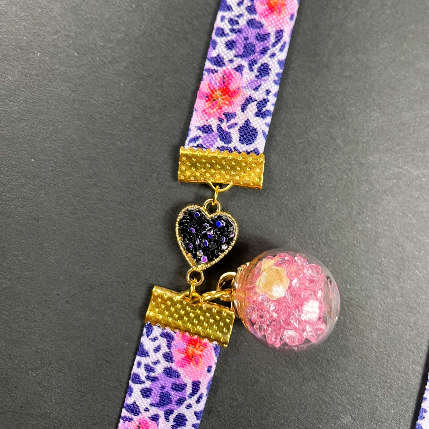 Purple Leopard Elastic Bookmarks with Jewel Flower Globe Charm