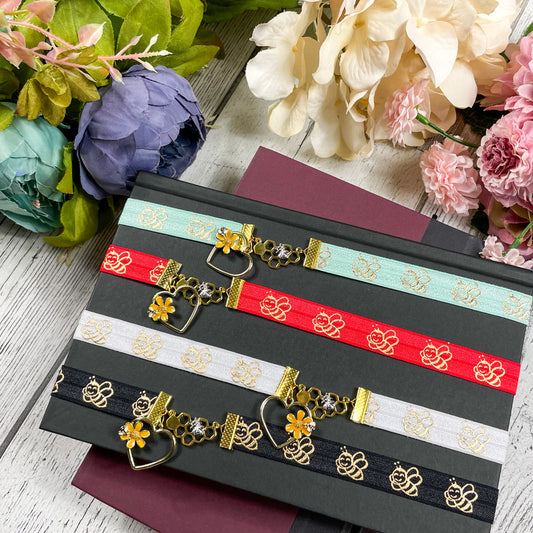 Golden Bees Elastic Bookmarks with Bee Heart Charm