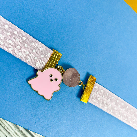 Pink Ghost with Pink and White Polka dot Elastic Bookmarks | Halloween Elastic Bookmarks