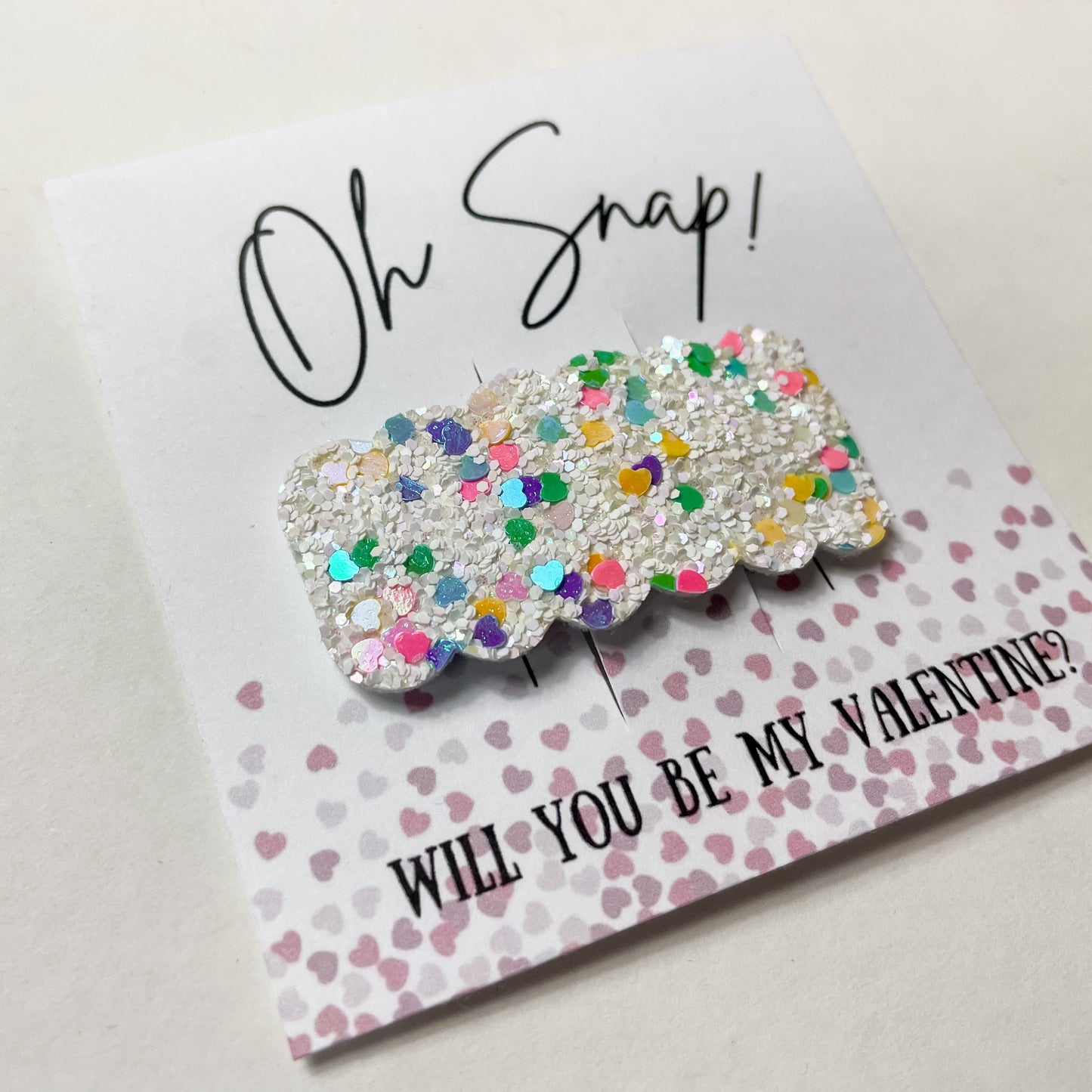 Valentine "Oh, Snap!" White Glitter with Pastel Hearts Hair Clip