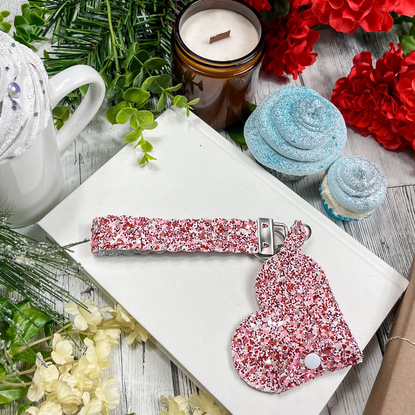 Valentine's Wristlet and Heart Coin Pouch Valentine Heart Glitter  | Keychain Wristlets | Plain Keychain Wristlet | Quarter Pouch Keychain | Coin Purse