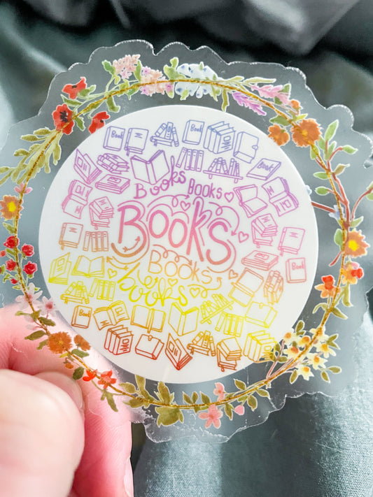 Books Books Books Circle in Floral Wreath Waterproof and Weatherproof Vinyl Sticker | Watercolor Transparent Stickers