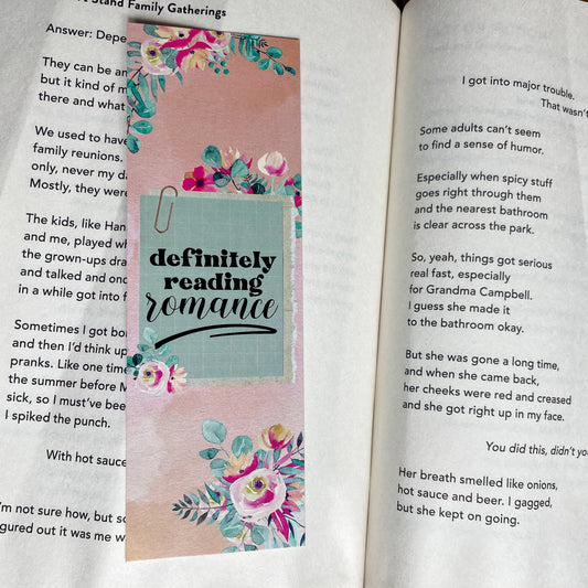 Definitely Reading Romance Bookmark | Floral Roses Bookmark | Romance Readers | Romance Bookmarks