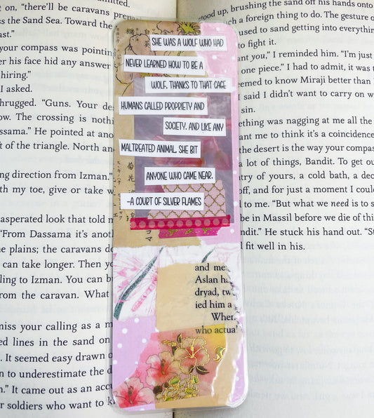 A Court of Silver Flames Wolf Quote - Pink Ephemera Mixed Collage Quote Bookmark | Laminated Handmade Bookmark