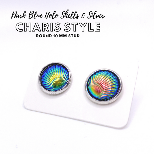Charis Style - 10 MM Studs - Dark Blue Holo Mermaid Shells and Silver