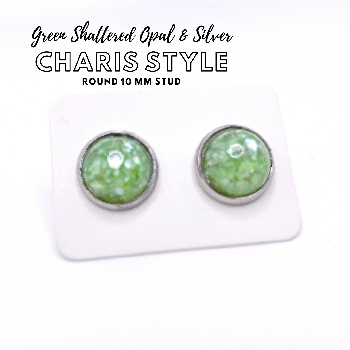 Charis Style - 10 MM Studs - Green Shattered Opal with Silver