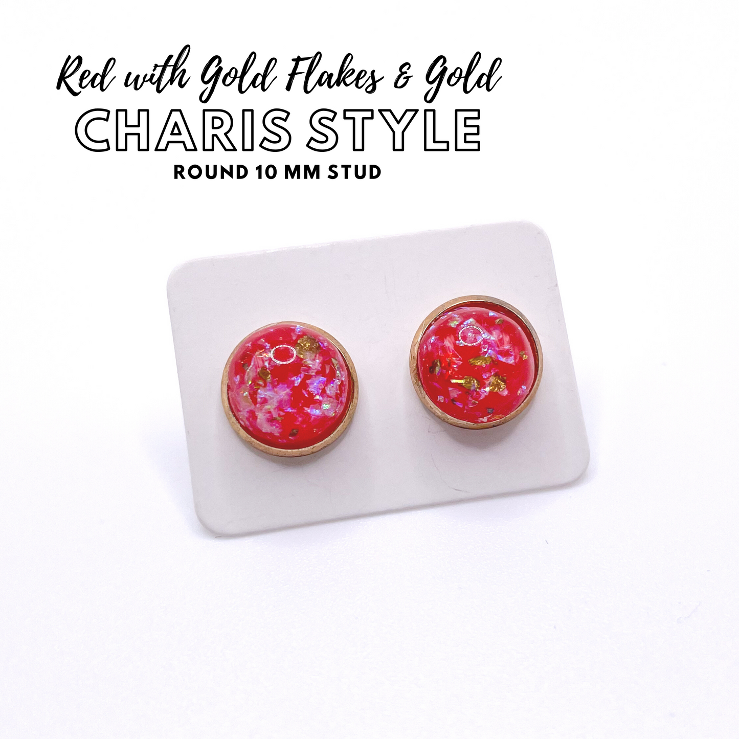 Charis Style - 10 MM Studs -  Red with Gold Flakes & Gold