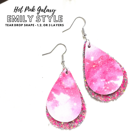 Hot Pink Galaxy Earrings | Emily Style Dangle Earrings | Layered Teardrop Shape