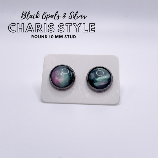 Charis Style 10 MM Stud Earrings - Black Opal in Silver Setting