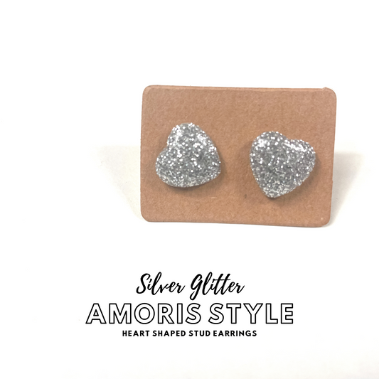 Silver Glitter Amoris Style Earrings | Heart Shaped Stud Earrings