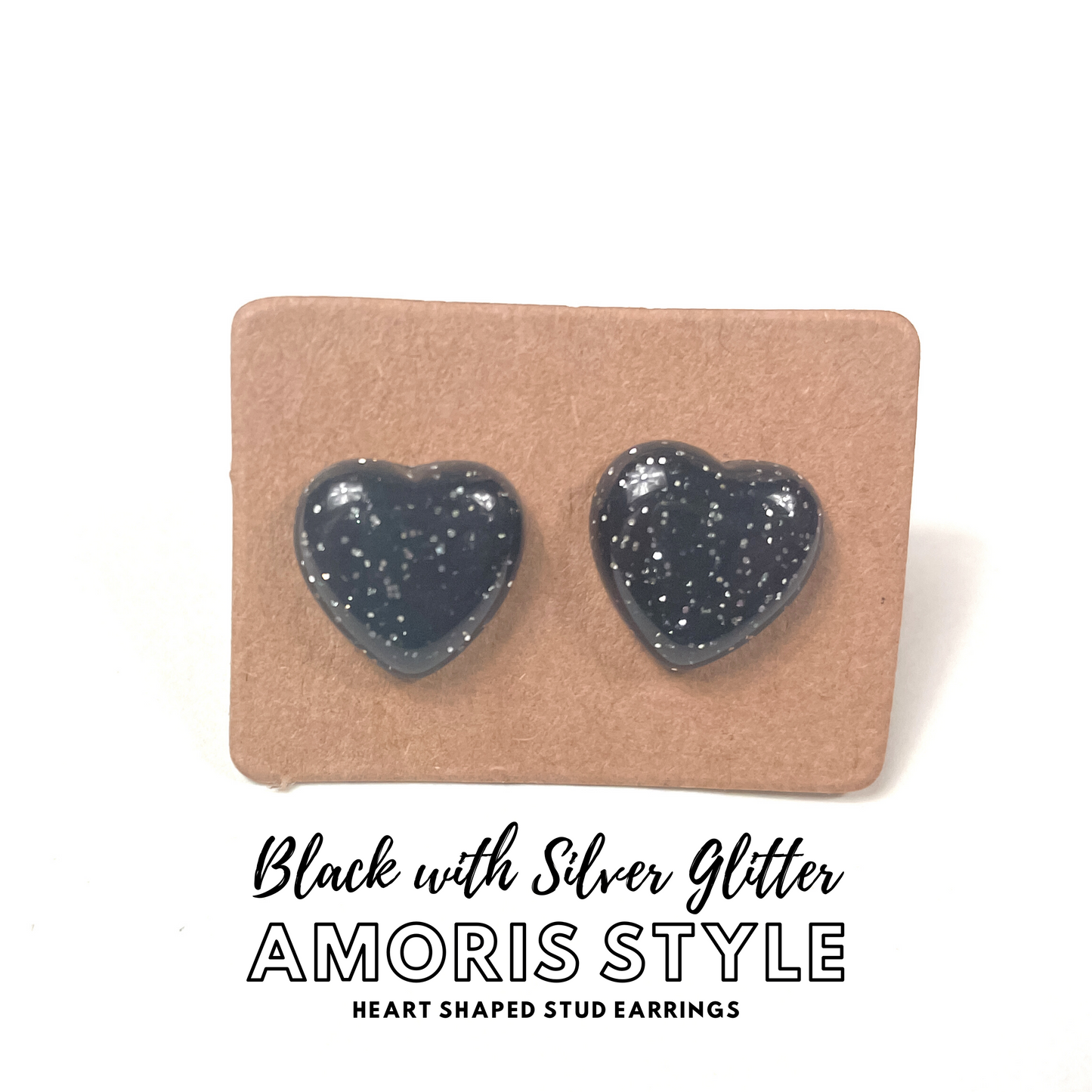 Black with Silver Glitter Amoris Style Earrings | Heart Shaped Stud Earrings