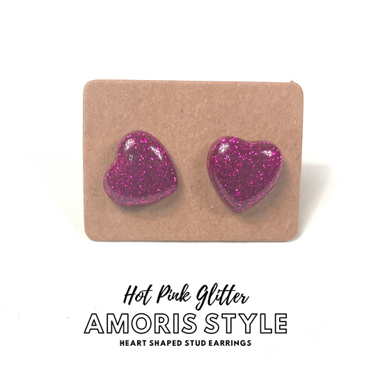 Hot Pink Glitter Amoris Style Earrings | Heart Shaped Stud Earrings