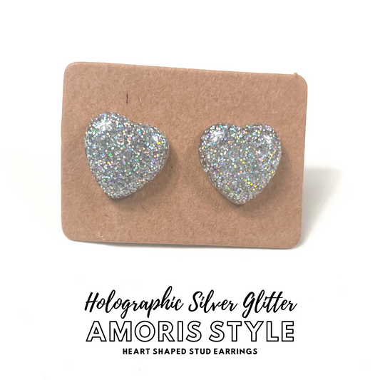 Holographic Silver Glitter Amoris Style Earrings | Heart Shaped Stud Earrings