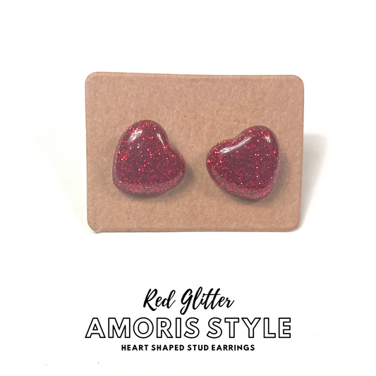 Red Glitter Amoris Style Earrings | Heart Shaped Stud Earrings
