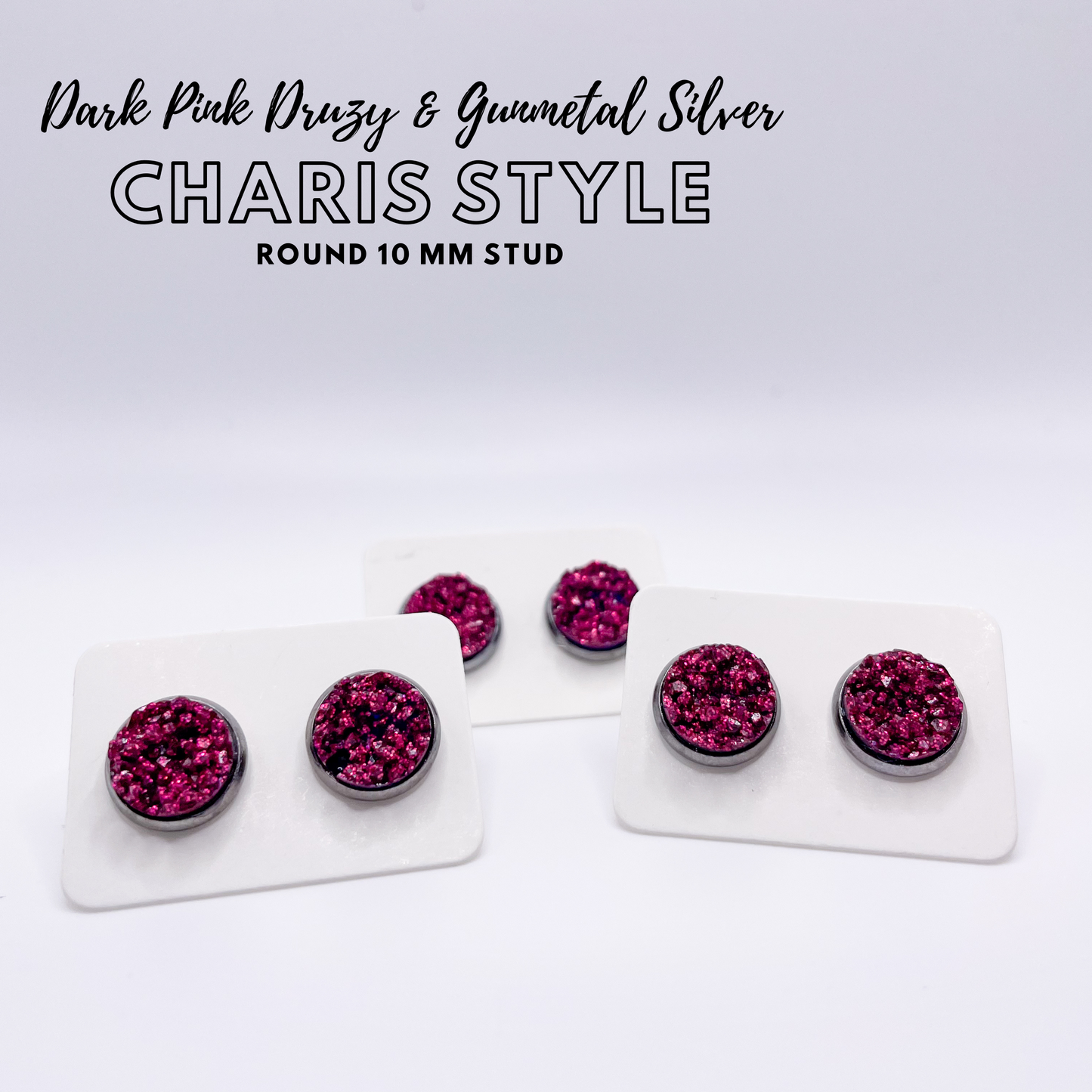 Charis Style - 10 MM Studs - Dark Pink Druzy and Gunmetal Silver
