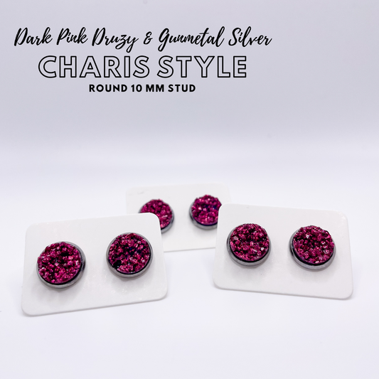 Charis Style - 10 MM Studs - Dark Pink Druzy and Gunmetal Silver