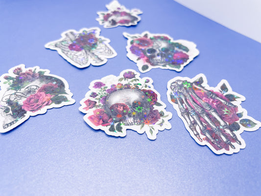 Halloween Witchy Skulls with Florals Sticker Pack- Planner Sticker - Computer Decal - Sparkly Sticker